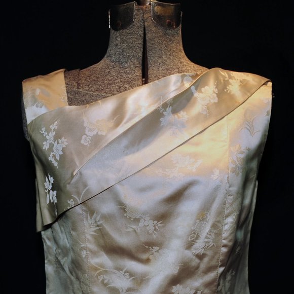 VTG Ivory Satin FloralPrint Cheongsam Sheath Dress - Picture 3 of 13